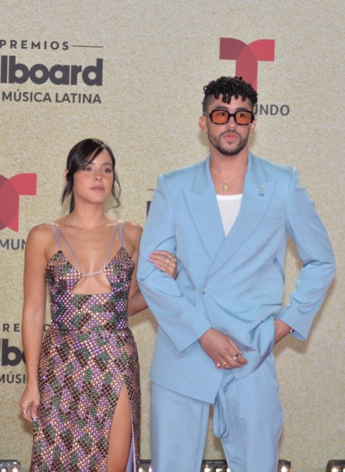 Gabriela Berlingeri  and Bad Bunny at the 2021 Billboard Latin awards at the Wastco Center in Coral Gables.