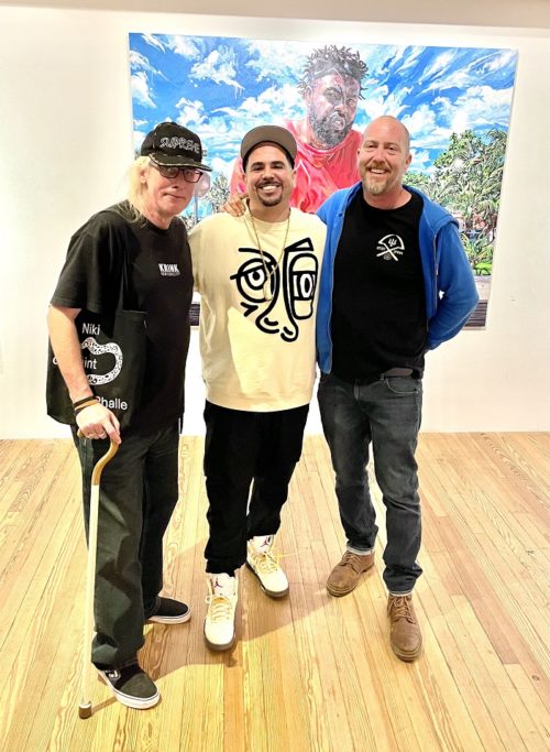 Carlo McCormick, artist Miguel Vasquez, artist Douglas Hoekzema aka Hoxxoh at the Jeffrey Deitch: Shattered Glass opening at the Moore Building in the Miami Design District