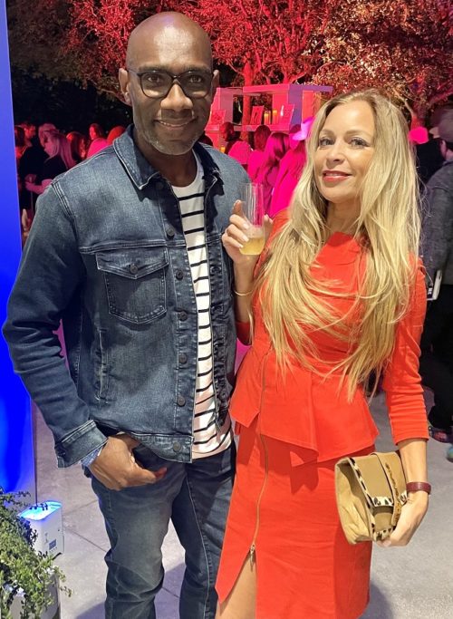 Jean-Raymond Alexandre and Gina Wright at the Jean-Thierry Besins Climax exhibit opening at the ICA museum in the Miami Design District