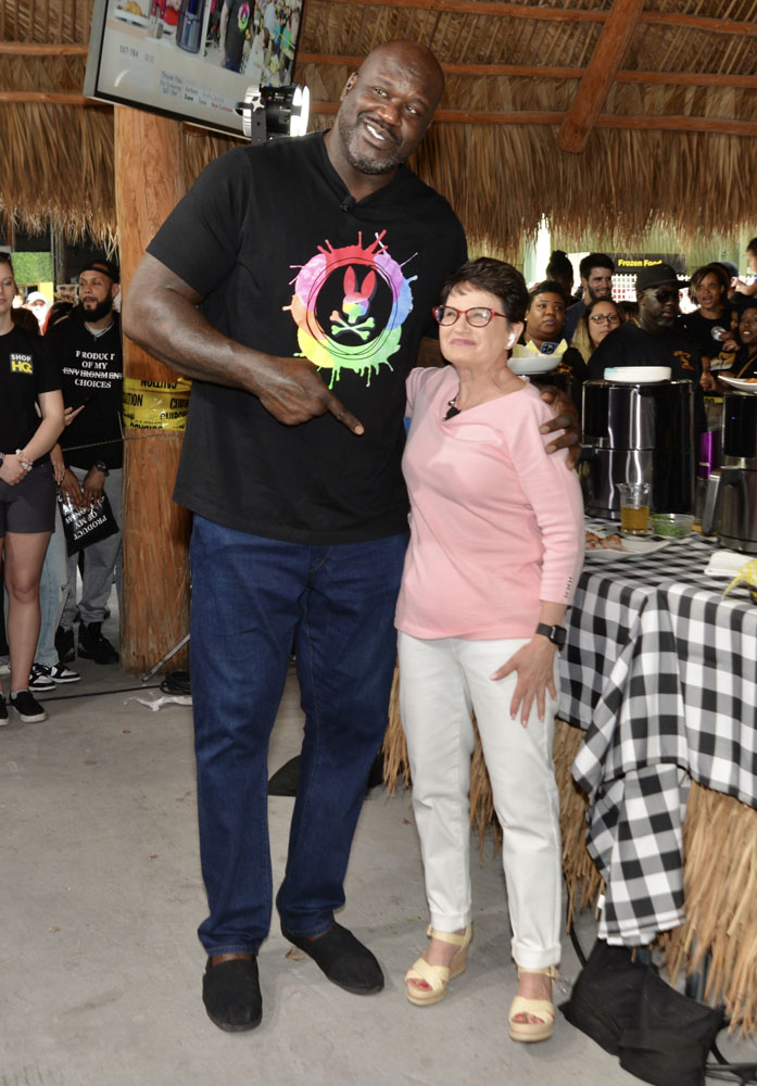 Shaquille O'Neal and co-host Pat Carlson appeared on the ShopHQ channel for his cooking show, featuring Shaq’s air fryers and cookware at the Yellow Green Farmers Market in Hollywood