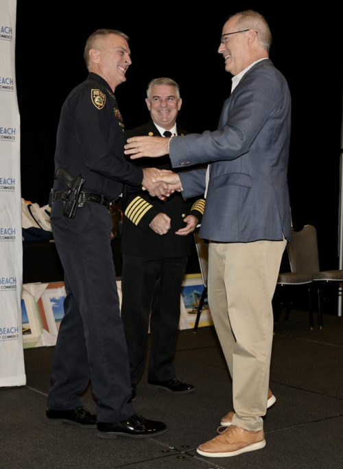 Miami Beach Police Chief Rick Clements, Miami Beach Fire Chief Virgil Fernandez, and Mayor Dan Gelber at the Miami Beach Chamber of Commerce 8th Heroes Breakfast at the Loews Miami Beach