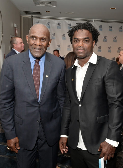 Harry Carson and Esgerrin James at the 37th annual Sports Legends Dinner to benefit Buoniconti Fund at the Marriot Marquis in New York City