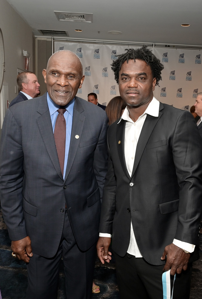 Harry Carson and Esgerrin James at the 37th annual Sports Legends Dinner to benefit Buoniconti Fund at the Marriot Marquis in New York City