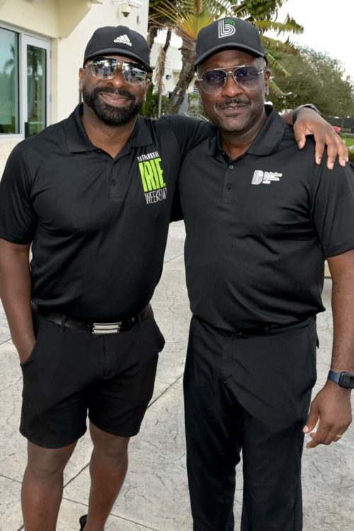 DJ Irie and director of Big Brothers, Big Sisters of Miami director Gale Nelson at the 16th Irie Foundation weekend at the Miami Beach Golf Course
