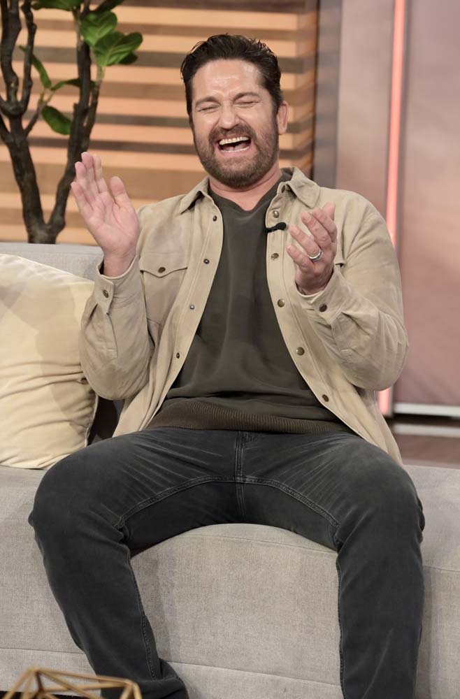 Gerard Butler promotes new movie Plane at Despierta America morning show at Univision Studios