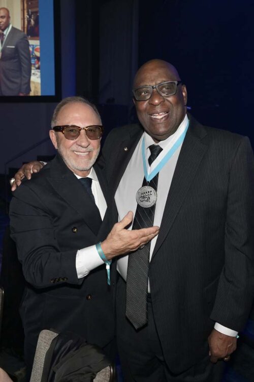 Emilio Estefan and Larry Little at the Buoniconti Fund to Cure Paralysis 38th annual Great Sports Legends Dinner at the Marriot Marquis in New York City