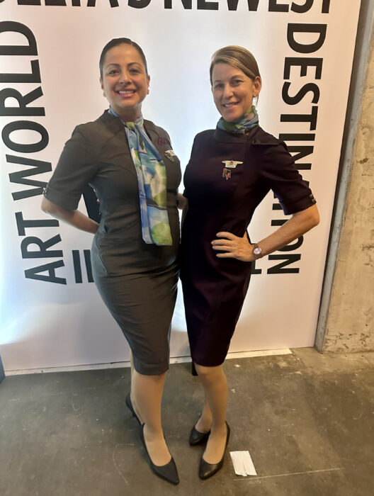 Actual flight attendants Gabriela Gilbertson and Patty Cooper