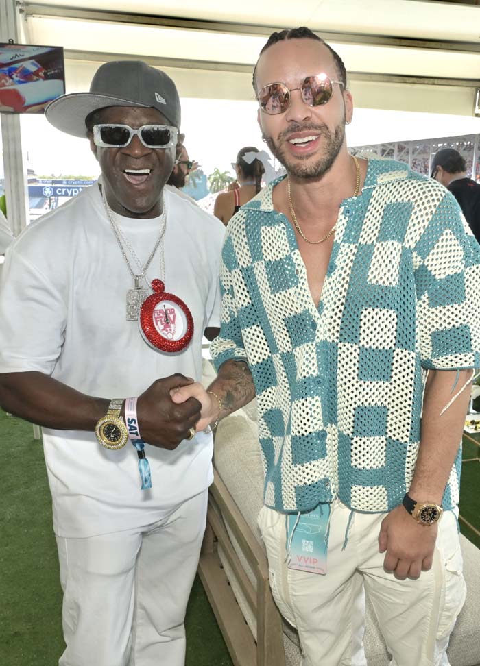 Flavor Flav and Prince Royce at the Trophy House at F1 Miami at the Hard Rock Stadium