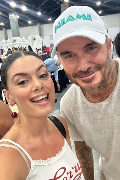 Josephine Phoenix Bauza and David Beckham at the Style Saves Back-to-School 2024 event at the Miami Beach Convention Center