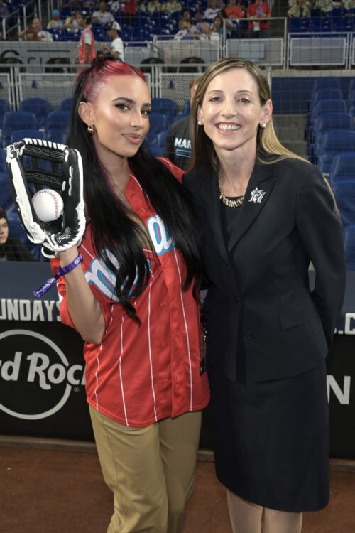 Actress Kylie Cantrall and Caroline O'Connor at Marlins Mets game at Loan Depot Park