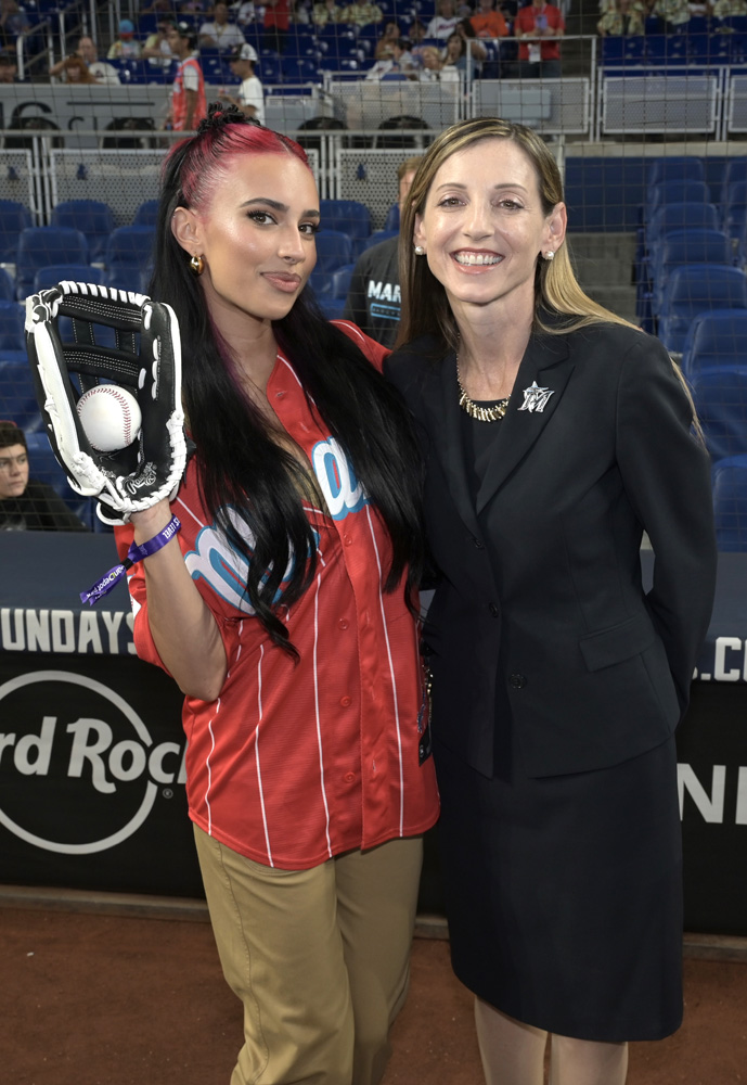 Actress Kylie Cantrall and Caroline O'Connor at Marlins Mets game at Loan Depot Park