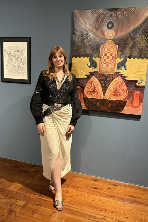 Artist Mary Lindstrom at the opening of Numinous Origins exhibit at the Swampspace Gallery in the Miami Design District