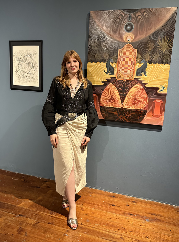 Artist Mary Lindstrom at the opening of Numinous Origins exhibit at the Swampspace Gallery in the Miami Design District